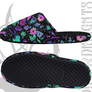 Neon Goth Witchy Elements Family Slippers,Witch Warm Plush Slippers,Goth Vampire Moon Bats Slippers,Halloween Bats Slippers,Magic Celestial