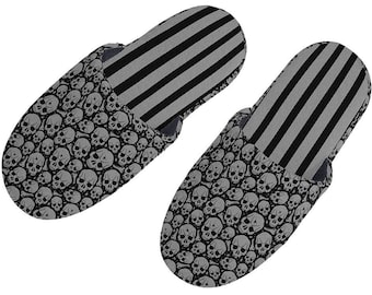 Gothic Skulls Family Slippers, Warm Plush Slippers, Goth Skeleton Head Slippers, Halloween Slippers, Punk Rock Night Of the Dead Slippers