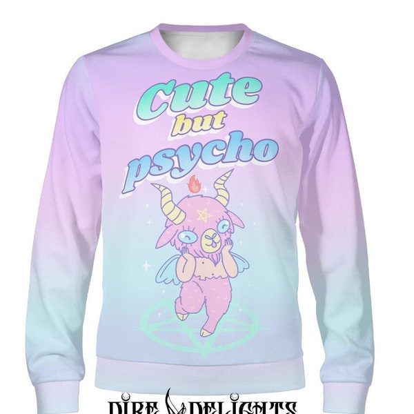 Cute But Psycho Unisex Light Sweatshirt,Pastel Goth Cute Baphomet,Goth Pullover,Gothic Emo Punk Rock Sweater,Kawaii, Haqrajuku,Pentagram