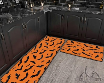 Halloween 2 Piece Kitchen Mat,Bats Rug, Halloween Mat, Gothic Witchy Kitchen Carpet,Goth Witch Home Decor,Bat Swarm Rugs Set,Halloween Decor