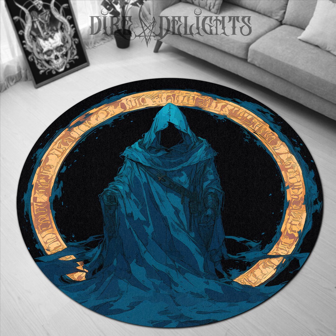 Faceless Hooded Mystic Rug Golden Portal Enigma Mat Ancient Circle ...
