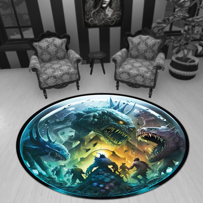 Monster Skin Rug Lovecraftian Monsters Round Rug, Creepy Underwater Monsters Fighting ...