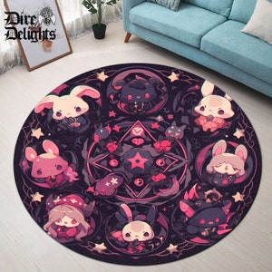 Kawaii Goth Bunnies Rug,Kawaii Plushies Goth Round Rug, Harajuku Cartoon Carpet, Gothic Witch Decor, Goth Harajuku Round Rug, Gothcore