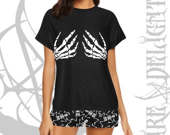 Goth Horror Pajama Set,Skeleton Hands on Chest Cotton Pajama T-shirt & Pants,Punk Emo Goth Pajama,Skeleton Pajama,Gothic Witchy Pajama
