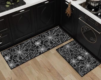 Spiderweb 2 Piece Kitchen Mat, Spider Web Rug, Halloween Mat, Gothic Witchy Kitchen Carpet,Goth Witch Home Decor, Tarantula, Spider rug
