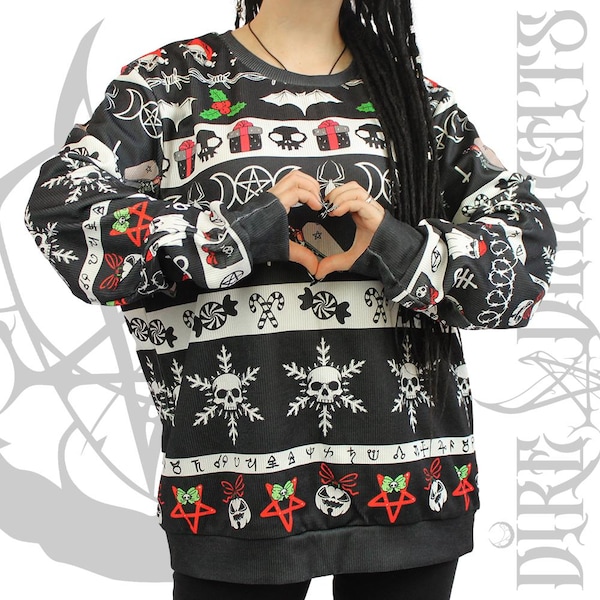 Suéter navideño gótico, jersey navideño espeluznante y feo, estampado de calaveras y ataúdes ocultos, sudadera navideña alternativa