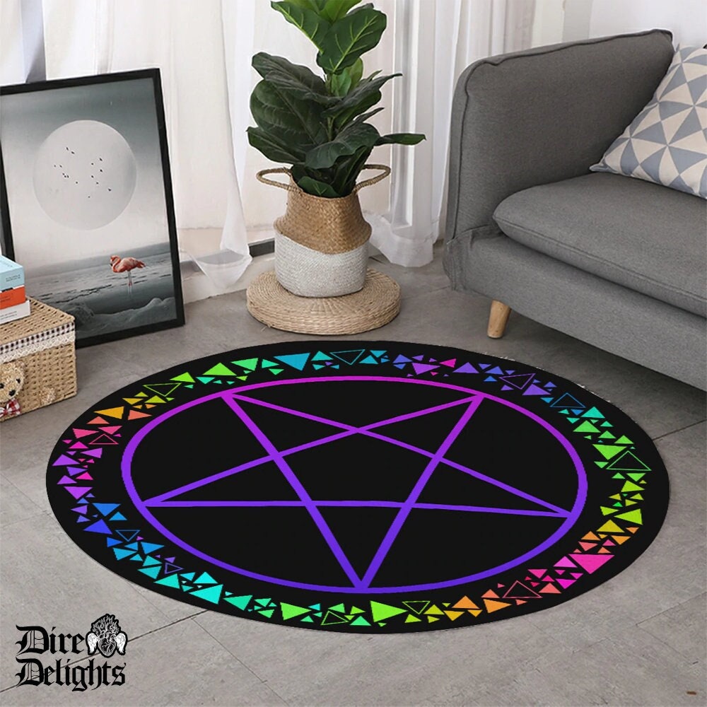 Neon Pentagram Mat, Psychedelic Gothic Magic Round Rug, Pentagram