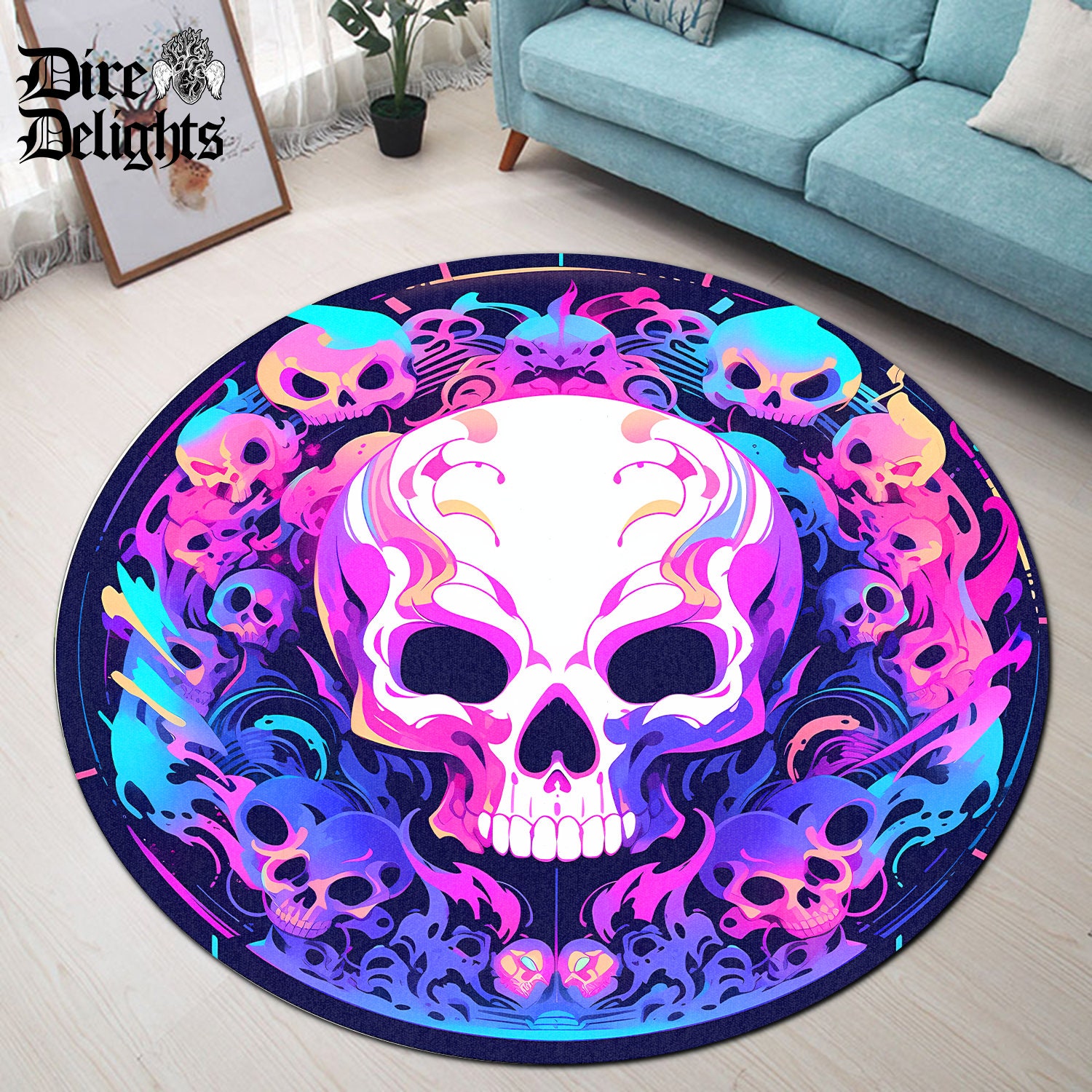 A Rug Hell Hardcore Neon Skull Round Rug, Hell Mat, Satanic Carpet, Skulls Rug ...