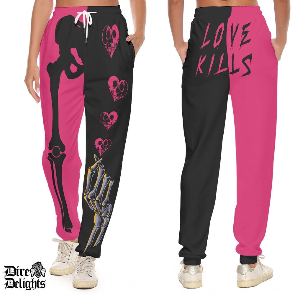 Goth "Love Kills" Pants, Contrasting Two Tone Skeleton Love Pants, Black and Pink Love Joggers, Skeleton X-Ray Dual Color Joggers
