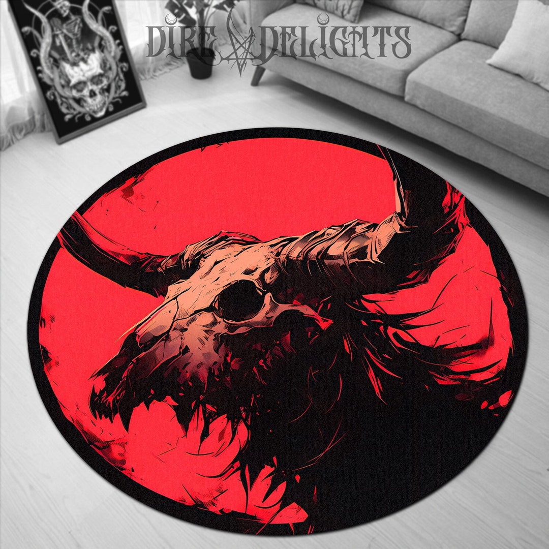 Eerie Skull-headed Demon Round Rug, Blood-red Nightmare Floor Mat ...