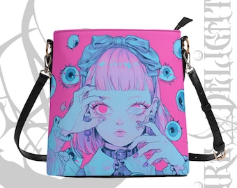 Rave Creepy Doll Pastel Goth PU Leather Shoulder Bag,Kawaii Horror Gothic Bag,Neon Gothcore Doll Bag,Witch Bag,Emo Shoulder Bag