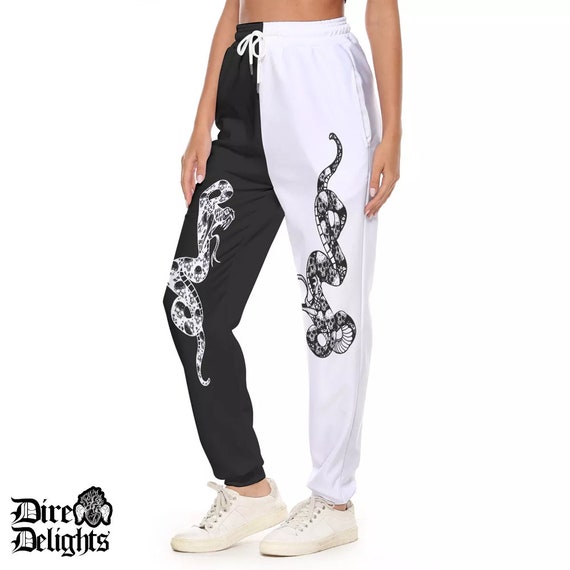 Goth Contrasting Two Tone Snakes Pants, Black and White Joggers