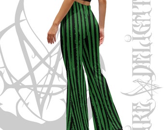 Goth Contrasting Flare Pants,Black And Green Grunge Striped High Waist Pants,Two Tone Flare Pants With Pockets,Two Halves Dual Flared Pants