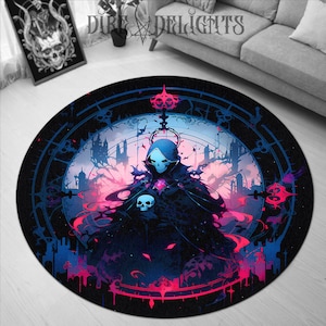 May include: A round black and white rug with a circular design featuring a hooded figure in a dark cloak. The figure is standing in front of a pink and blue background with a circular window behind them. The rug has a black border with white accents.