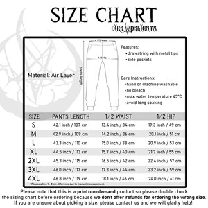 May include: Size chart for print-on-demand trousers, with measurements in inches and centimetres. Includes pant length, waist, and hip dimensions for sizes S to 4XL. Features include a drawstring with metal tips and side pockets.