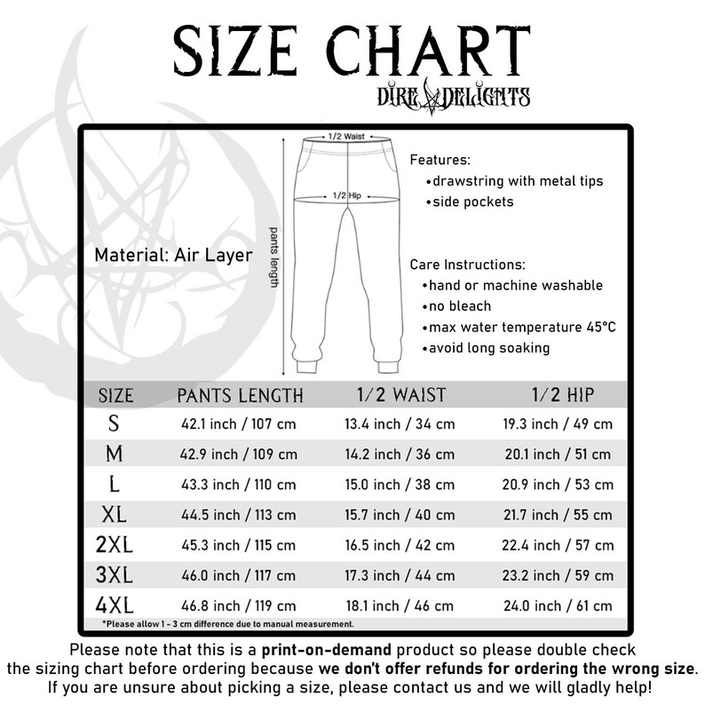 May include: Size chart for print-on-demand trousers, with measurements in inches and centimetres. Includes pant length, waist, and hip dimensions for sizes S to 4XL. Features include a drawstring with metal tips and side pockets.