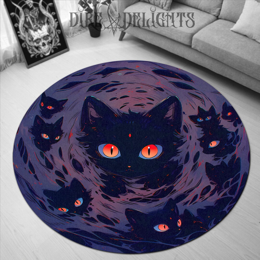 Scaring Cat Rug Gothic Cat Tornado Rug | Round Black Floor Mat | Cute Feline Whirlwind ...