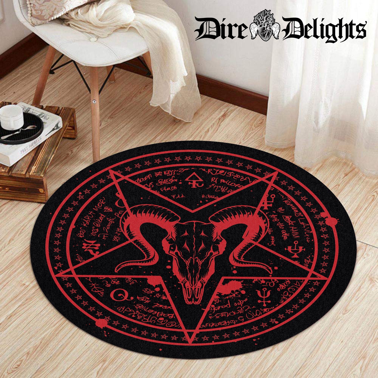 A Rug Hell Baphomet Pentagram Mat, Goat Head Satanic Round Rug, Runes From Hell ...