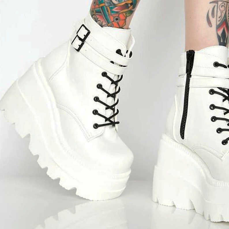 Goth White Ankle Boots With Platform High Heels Leather Etsy