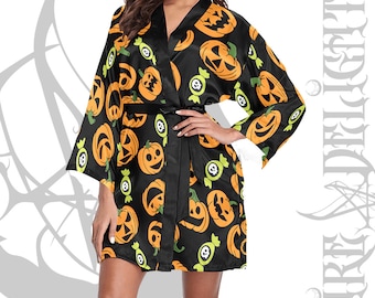 Túnica de Halloween, Jack-o'-lantern y caramelos mortales Kimono Robe, bata de baño, accesorios de baño de bruja gótica, kimono de bruja, bata de bruja, bata gótica