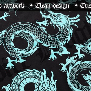 May include: A black background featuring a repeating pattern of turquoise dragons. The dragons are intricately detailed. Text at the top reads "Unique artwork," "Clean design," and "Crisp colours."