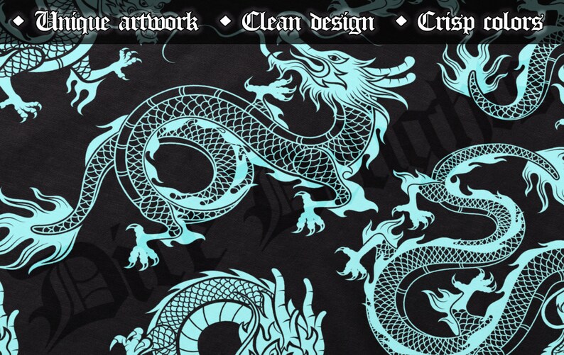 May include: A black background featuring a repeating pattern of turquoise dragons. The dragons are intricately detailed. Text at the top reads "Unique artwork," "Clean design," and "Crisp colours."
