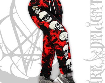 Goth Red Smoke Skulls Unisex Pants S-4XL, Black And Red Joggers, Two Tone Trousers With Pockets,Skeleton Joggers,Gothic Pants,Goth Pants