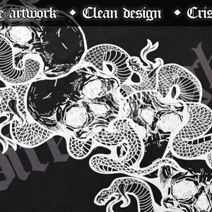 May include: Black and white illustration of three skulls intertwined with snakes. The image has a gothic style.
