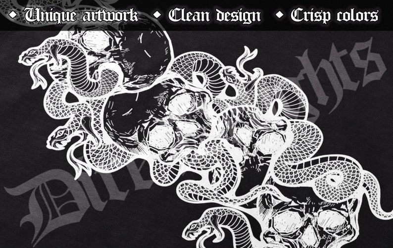 May include: Black and white illustration of three skulls intertwined with snakes. The image has a gothic style.