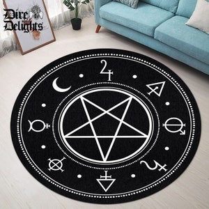 Pentagram Divination Round Rug, Runic Door Mat,Alchemy Magic Circle Carpet, Witch Gothic Rug, Rock Goth Home Decor, Mystic Ritual Rug
