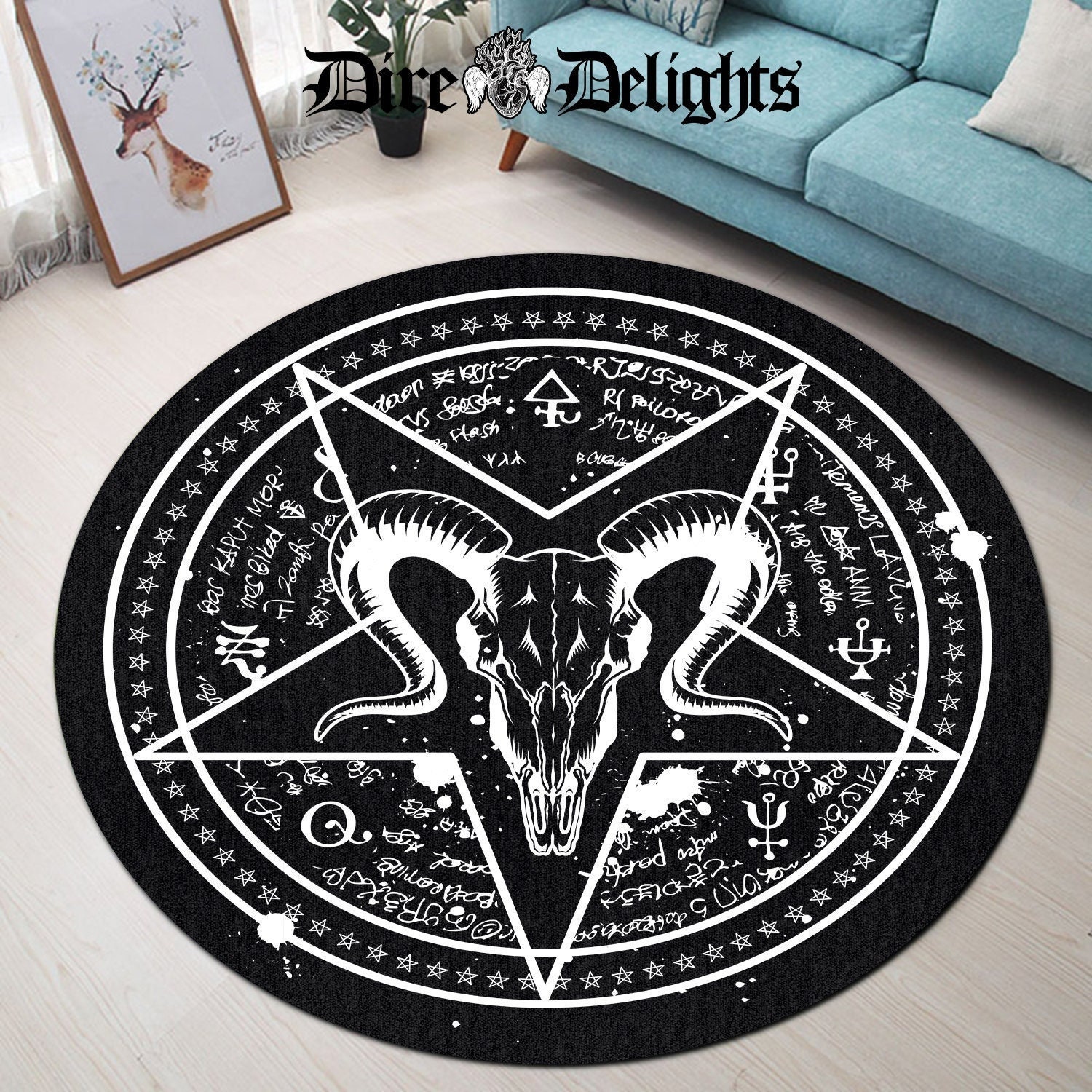 A Rug Hell Baphomet Pentagram Mat, Goat Head Satanic Round Rug, Runes From Hell ...
