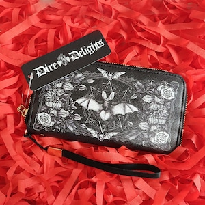 Cartera de vampiro gótico, cartera de embrague gótica bruja, bolso gótico, cartera de cuero PU, cartera de Halloween, amante del terror, cartera de murciélago quiroptera floral