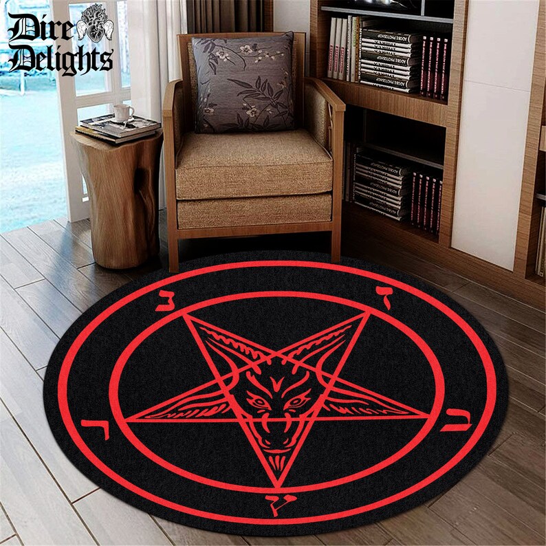 A Rug Hell Baphomet Pentagram Mat, Goat Head Satanic Round Rug, Runes From Hell ...
