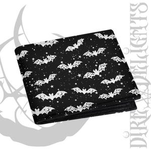 Cartera de piel sintética con diseño de murciélagos celestiales, cartera gótica de estilo brujo, cartera gótica, cartera de piel sintética, cartera de Halloween, cartera con diseño de amante del terror y cartera con diseño de murciélagos estrellados