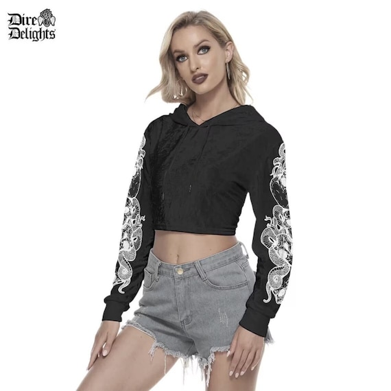 Eldritch Skulls & Snakes on Sleeves Cropped Velvet Hoodie, Punk-Rock Snake Tattoo Sleeve Velvet Shirt, Lovecraftian Horror Gothic Crop Top