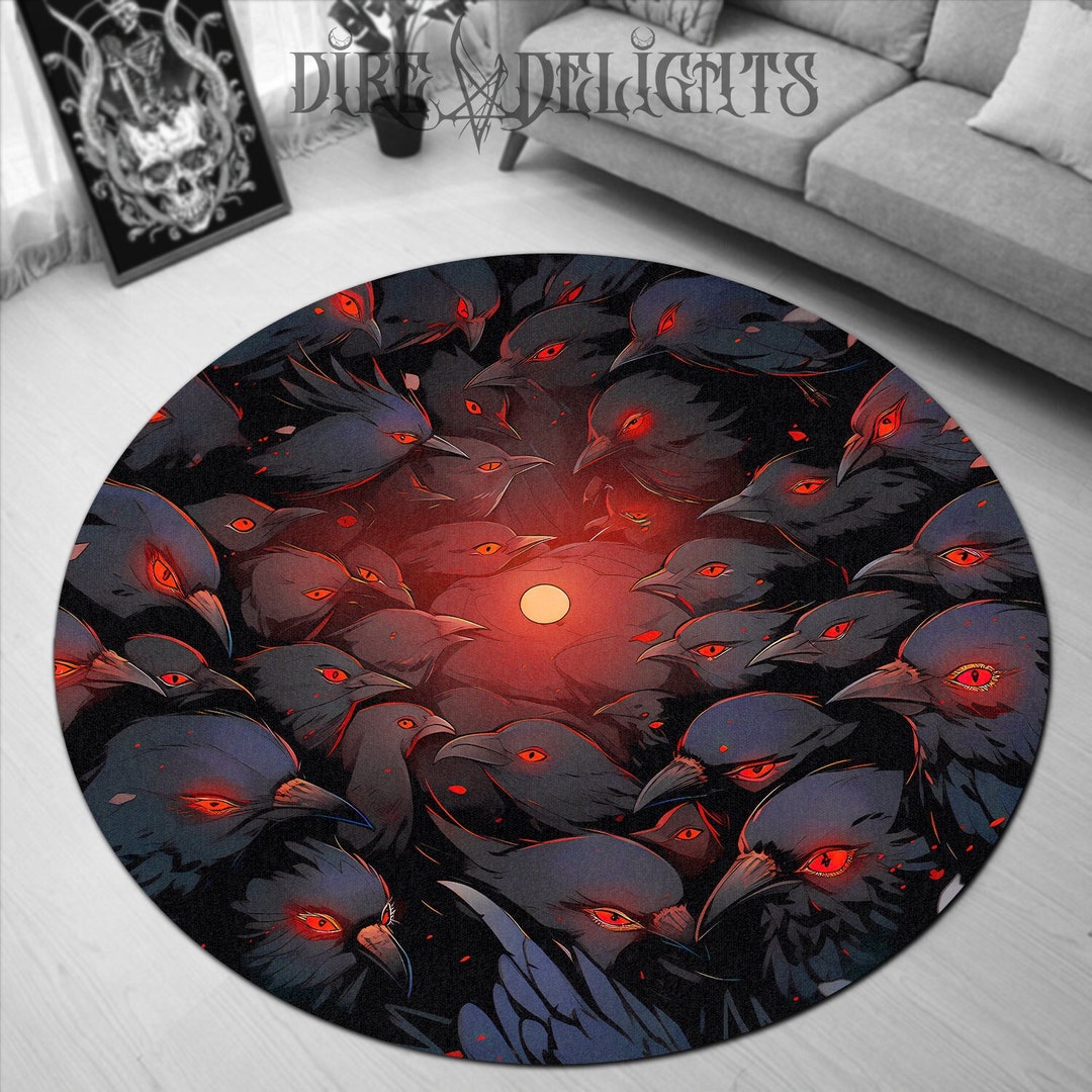 Glowing Crow Eye Circle Round Rug, Crows Watching Floor Mat, Gothic ...