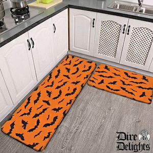 Halloween 2 Piece Kitchen Mat,Bats Rug, Halloween Mat, Gothic Witchy Kitchen Carpet,Goth Witch Home Decor,Bat Swarm Rugs Set,Halloween Decor