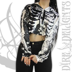 Goth Skeleton Bleach Velvet Crop Hoodie, Bones Cropped Top,Punk Skeleton Sleeve,Gothic Harajuku Top,Urban Techwear Clothing, Witch Hoodie