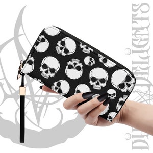 Cartera de calaveras góticas, cartera de embrague gótica bruja, bolso gótico, cartera de cuero PU, cartera de Halloween, amante del terror, cartera de esqueleto