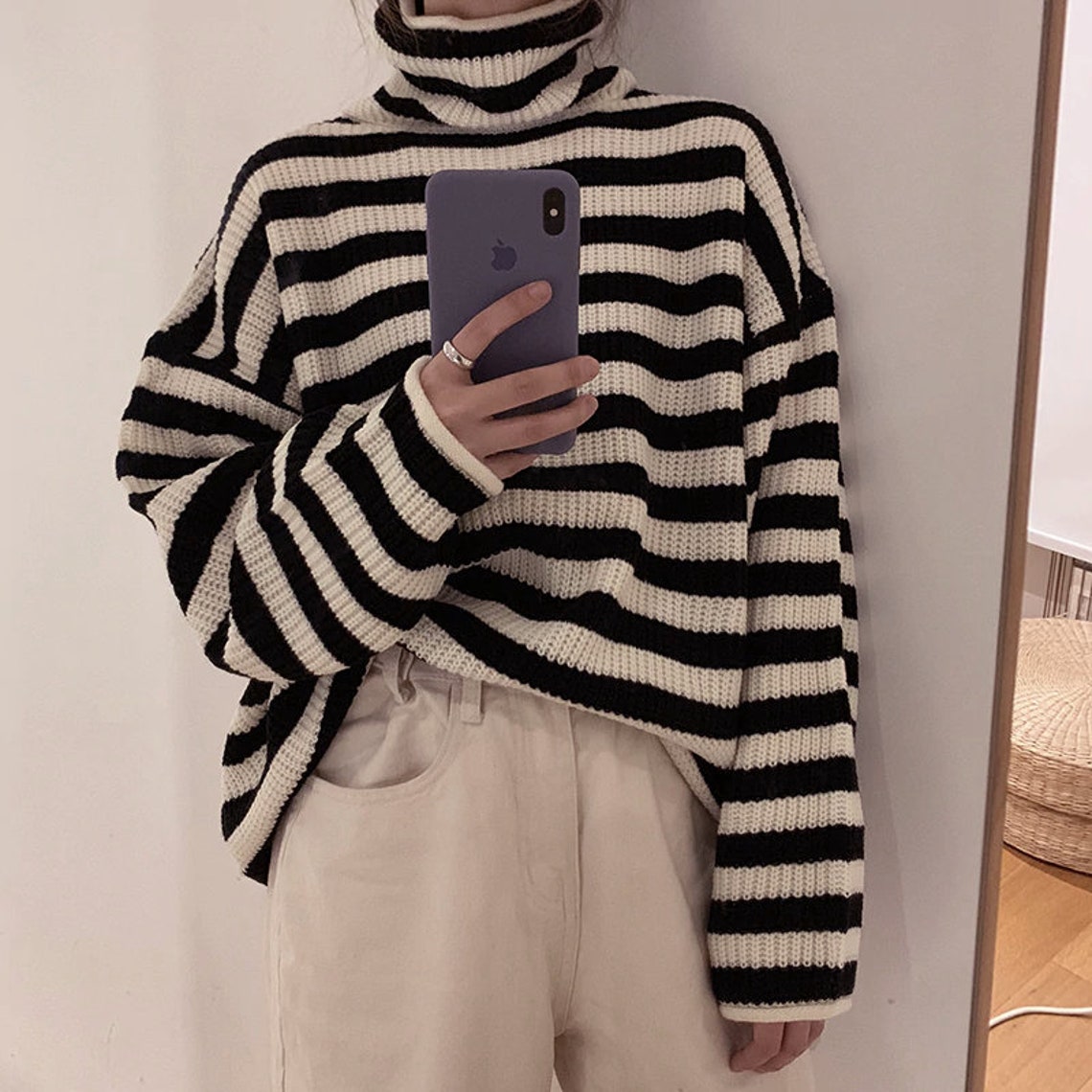 Gothic Black&White Striped Turtleneck Sweater Gothic Comfy | Etsy