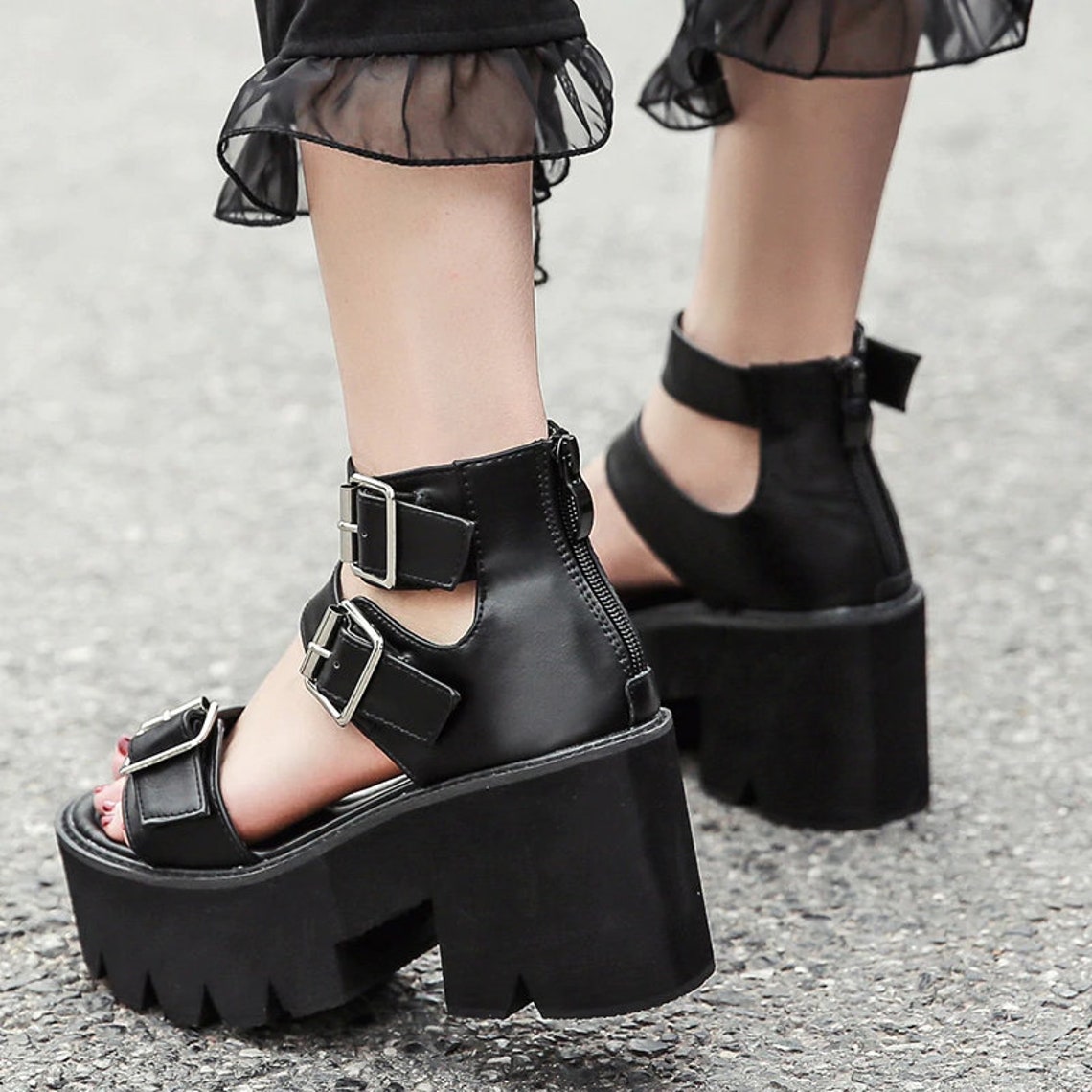 Gothic Summer Black Sandals With Platforms Dark Punk Goth | Etsy