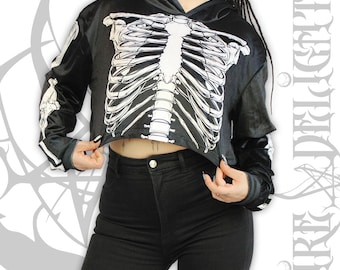 Goth Skeleton Velvet Crop Hoodie,bones Cropped Top, Punk