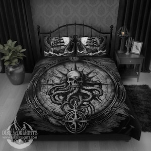 Lovecraftian Pirate Ship 4 Piece Black Bedding Set,Pirate Compass,Witchcraft,Magic,Incantation,Runes,Duvet Cover Pillow Cases,Horror Pirates