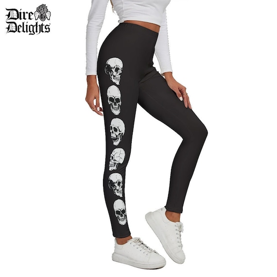 Goth High Waist Skull Leggings, Skeleton Head Pattern Black Yoga