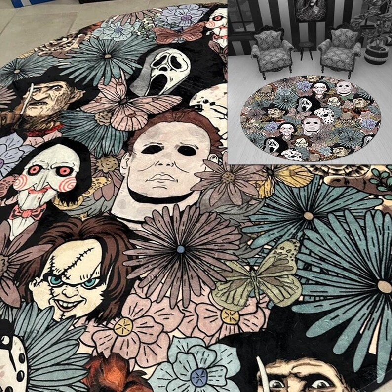 Floral Serial Killers Round Mat, Horror Movies Lover Round Rug ...