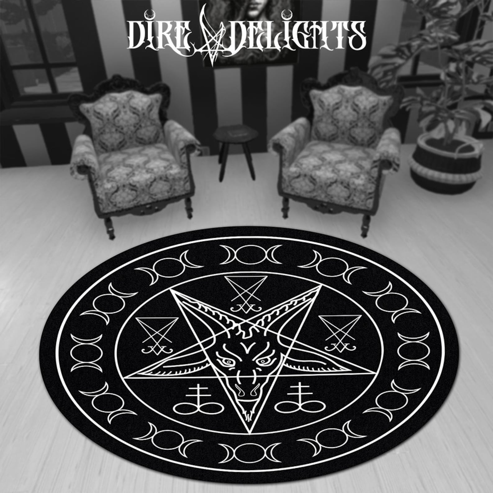 A Rug Hell Baphomet Pentagram Mat,white Goat Head Satanic Round Rug, Runes From ...