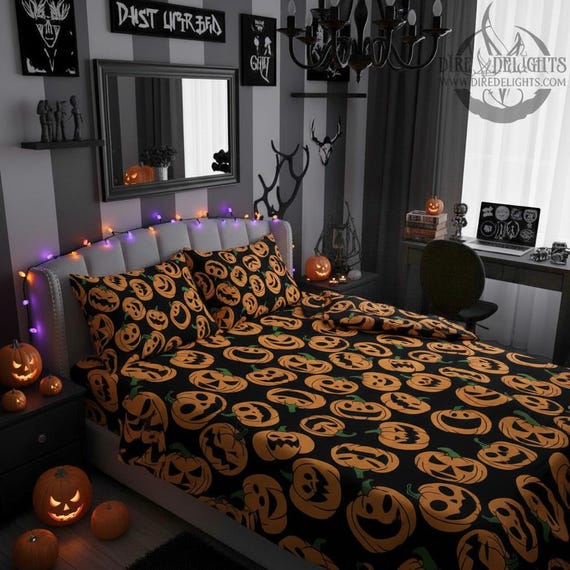 Halloween Kürbisse Bettwäsche Set, 4-teiliges Halloween Kürbis Bettwäsche Set, Hexerei, Schwarz Orange Gestreifte Bettbezug Kissenbezüge, Happy Halloween Bett
