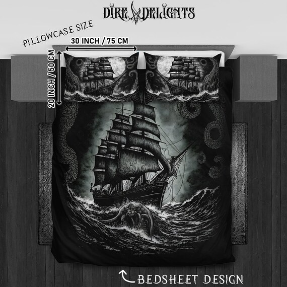 Lovecraftian Pirate Ship 4 Piece Black Bedding Set pirate Compass witchcraft magic incantation runes duvet Cover Pillow Cases horror Pirates Etsy UK