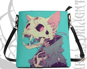 Skeleton Cat PU Leather Shoulder Bag,Horror Rave Cat Lover Gothic Bag,Death Inside But Still Love Cats  Bag,Witch Bag,Emo Shoulder Bag