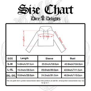 May include: Size chart for a hoodie with measurements in inches and centimeters. The chart shows the length, sleeve length, and bust measurements for sizes S-M, L-XL, and 2XL-3XL.